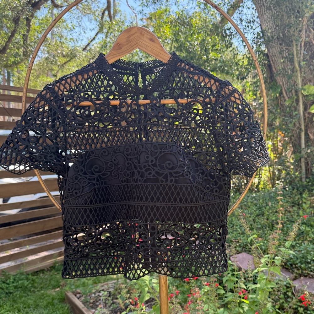 Express Avant Garde Black Top – Y2K Sheer Crochet Sculptural Blouse Size 10